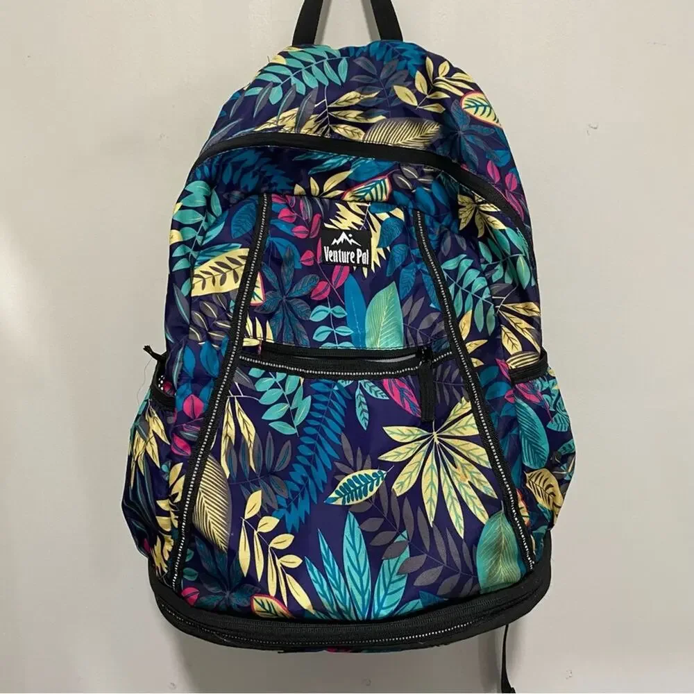 Blue and Yellow Tropical Print Backpack with Multiple Compartments